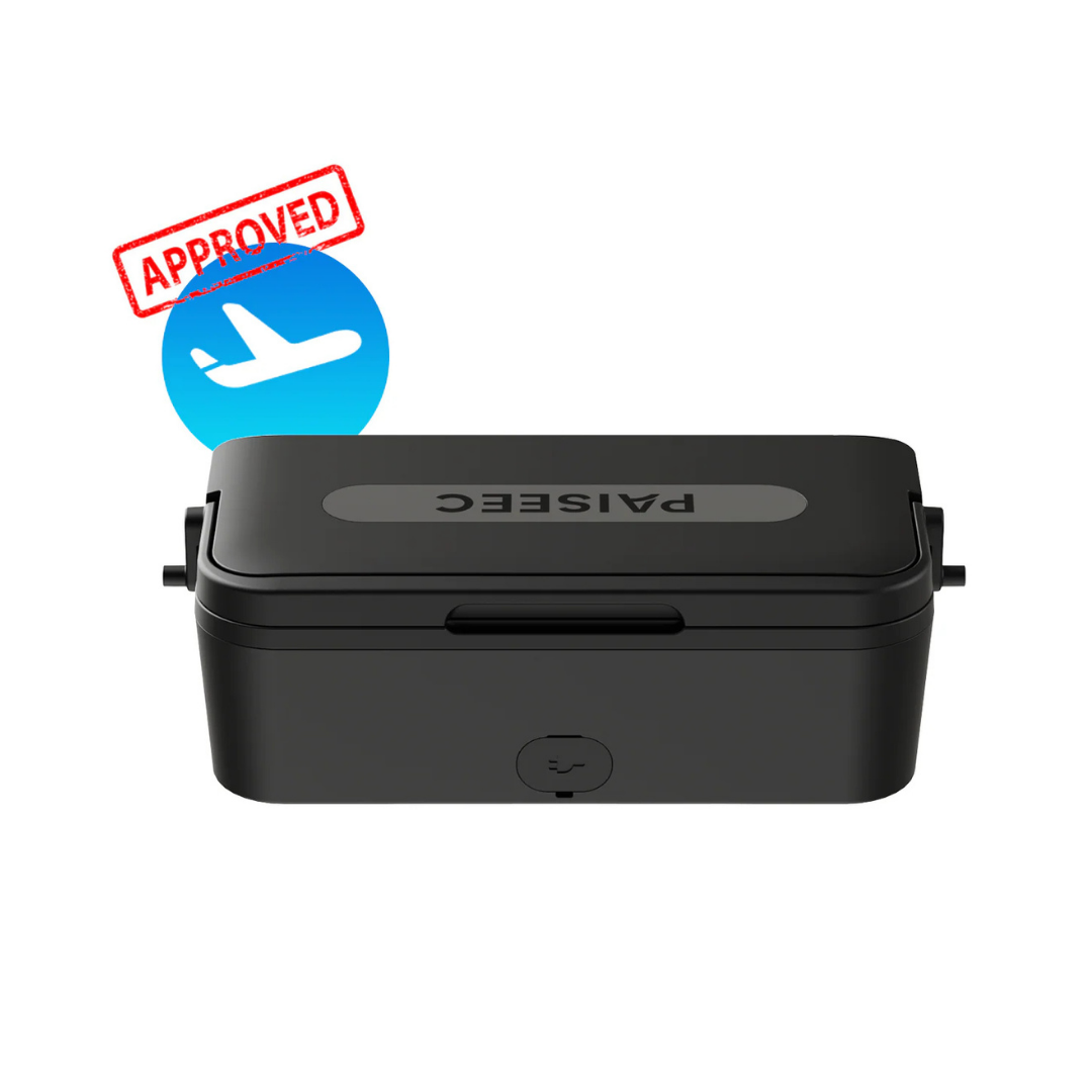 The Paiseec Electric Wheelchair Battery, black and rectangular with a PAISEE label, features a travel-approved airplane icon and red APPROVED stamp—showcasing its airline-approved design against a white background.